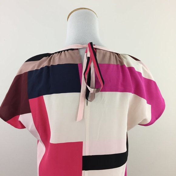 KATE SPADE Multi-Color Colorblock 100% Silk Tie Back Collar Short Sleeve Shirt - Picture 8 of 10